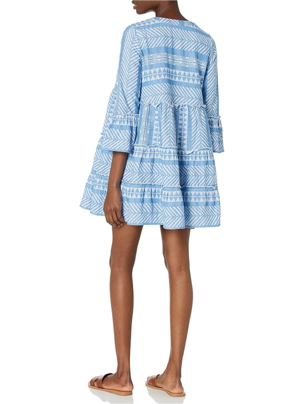 Mud Pie Blue White Geometric Tiered Cotton Dress Boho Beachy Swing S - Picture 2 of 12